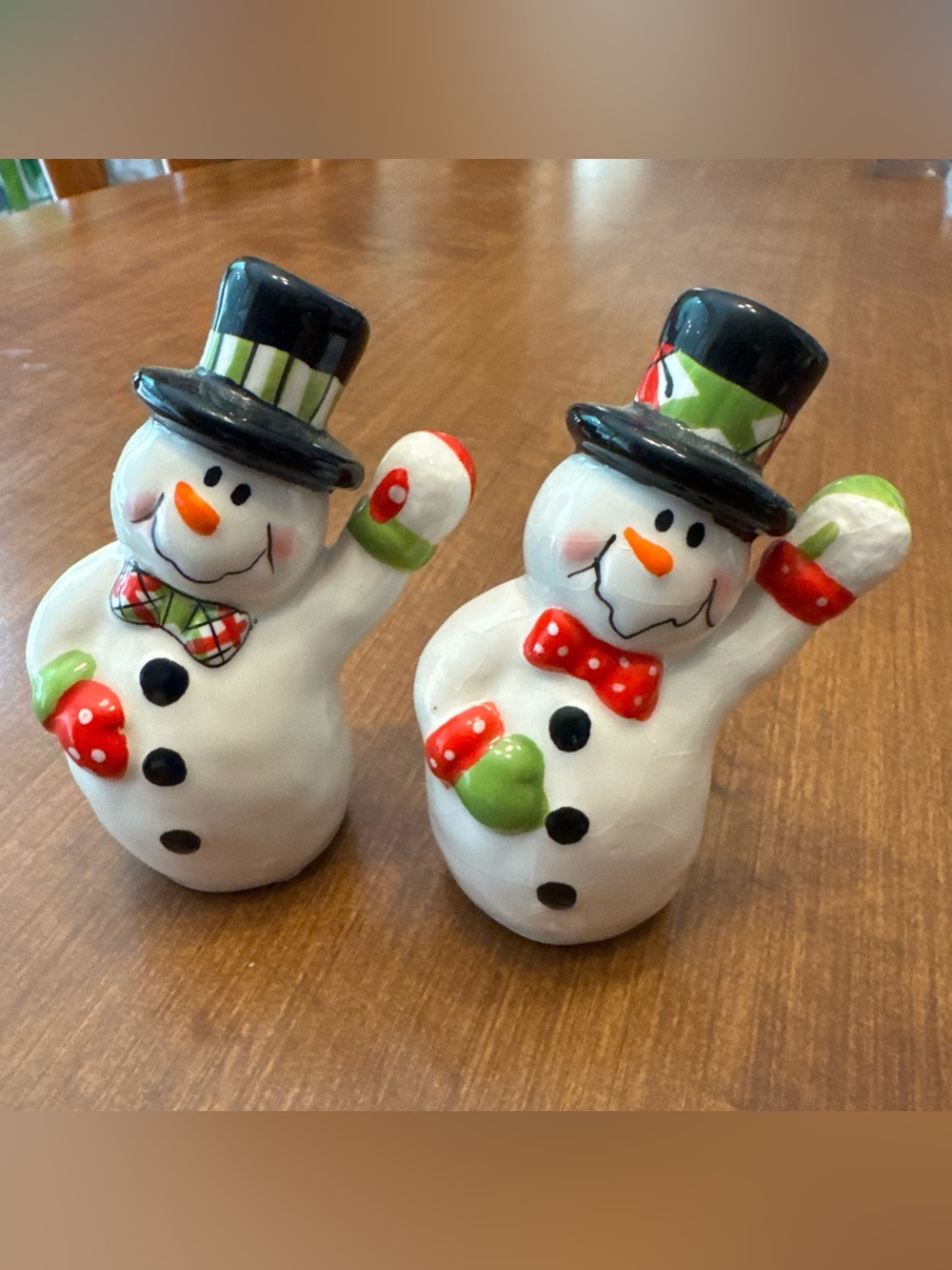Holiday Snowman Salt and Pepper Shaker Set - White, Black, Red, Green
